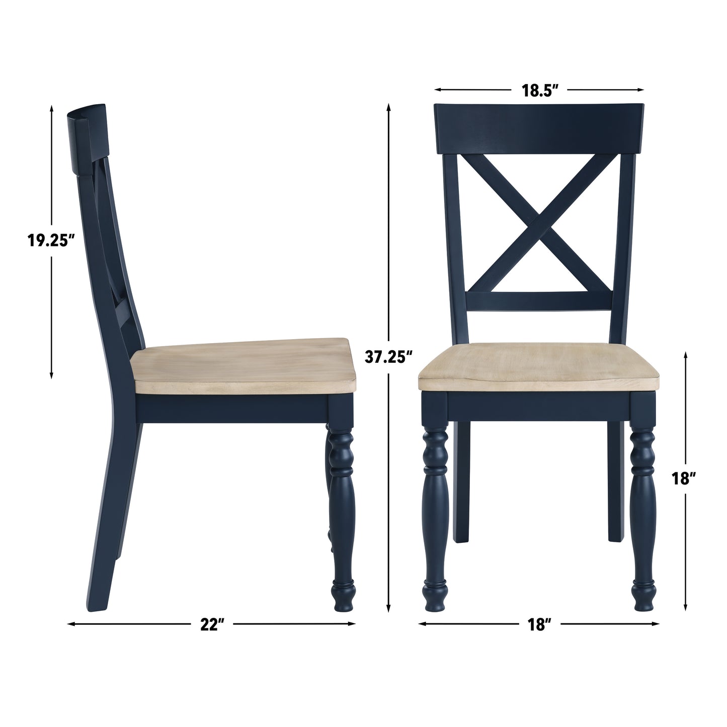 Set of 2 Darcy Solid Wood Side Chairs, Midnight Blue and Natural Finish