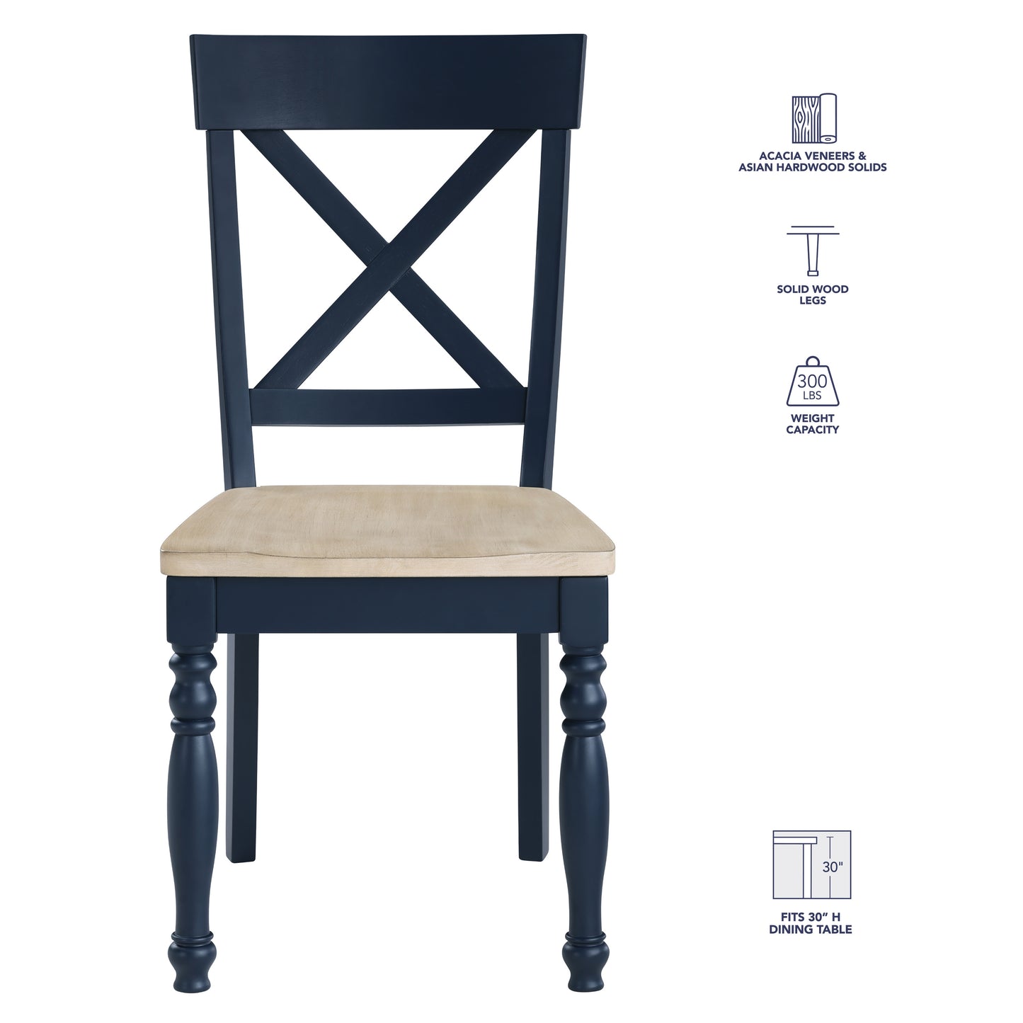 Set of 2 Darcy Solid Wood Side Chairs, Midnight Blue and Natural Finish