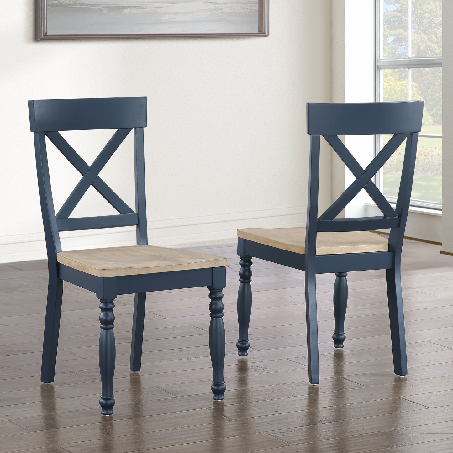 Set of 2 Darcy Solid Wood Side Chairs, Midnight Blue and Natural Finish